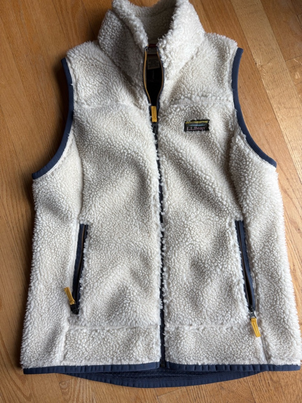 L.L. Bean Cream Sherpa Vest with Navy Trim